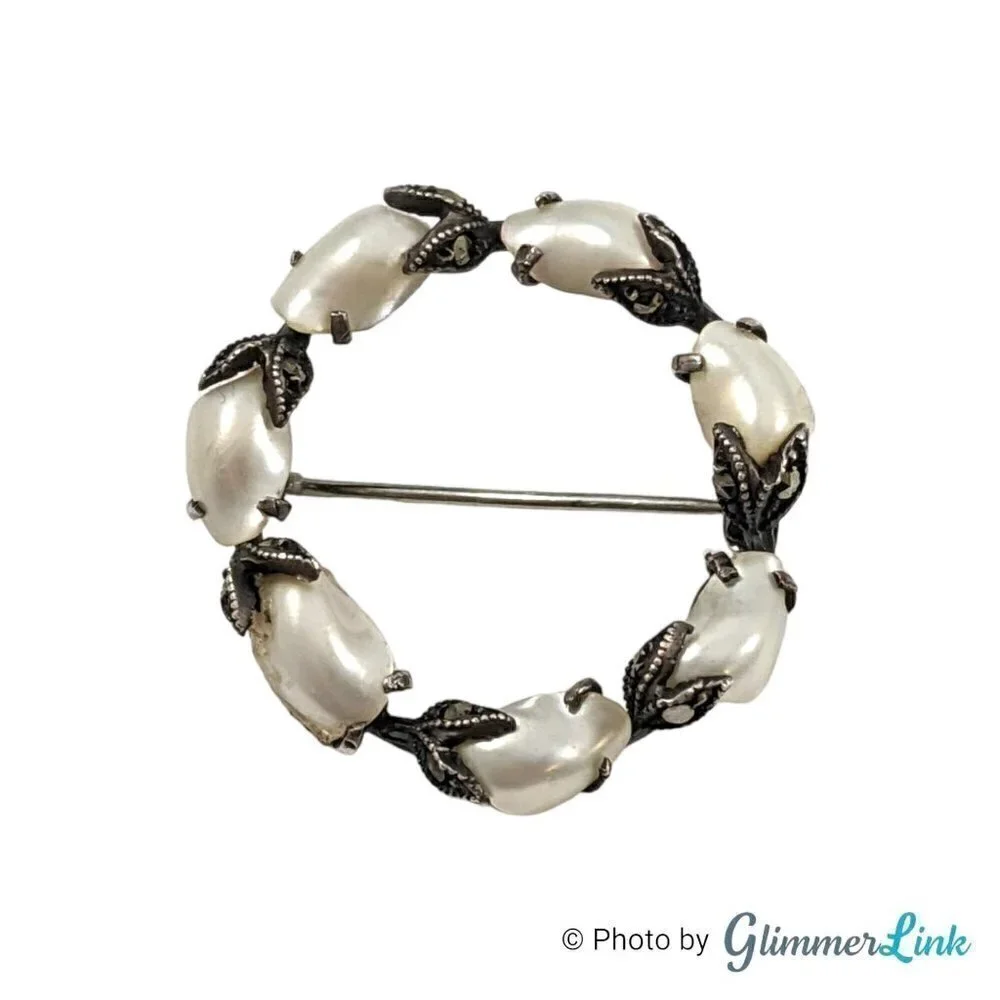 Vintage 925 Sterling Silver Faux Baroque Pearl Tulip Wreath Brooch Pin
